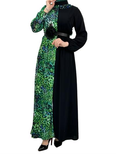 Orhan Store Kemerli Elbise Siyah-Yeşil OTW1554
