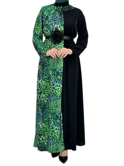 Orhan Store Kemerli Elbise Siyah-Yeşil OTW1554