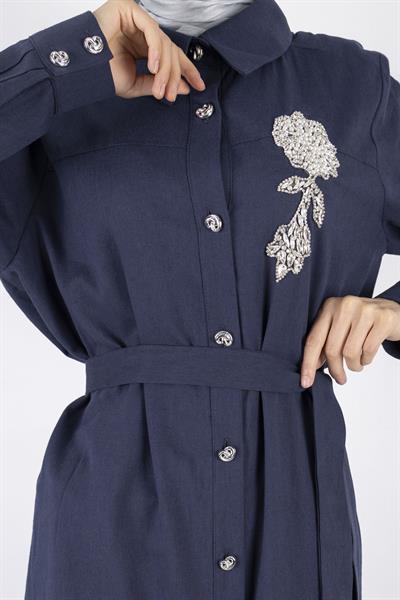 Orhan Store Keten Büyük Beden Takım Lacivert OTW2650