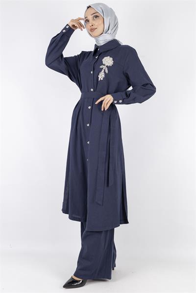 Orhan Store Keten Büyük Beden Takım Lacivert OTW2650