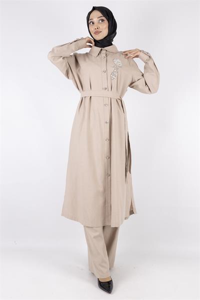 Orhan Store Keten Büyük Beden Takım Vizon OTW2650