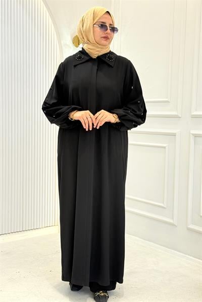 Orhan Store Klasik Yaka Taş Detaylı Ferace Siyah OTW1197