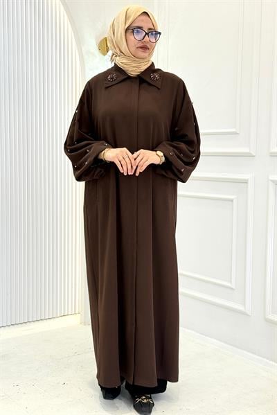 Orhan Store Klasik Yaka Taş Detaylı Ferace Kahve OTW1197