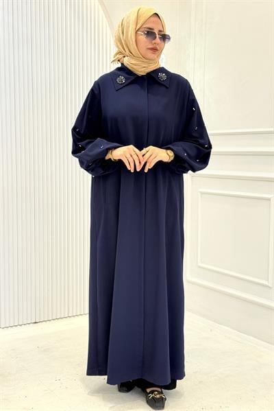 Orhan Store Klasik Yaka Taş Detaylı Ferace Lacivert OTW1197