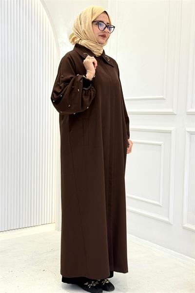Orhan Store Klasik Yaka Taş Detaylı Ferace Kahve OTW1197