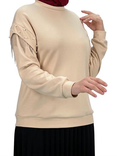 Orhan Store Kolları Boncuklu Bluz Bej OTW1248