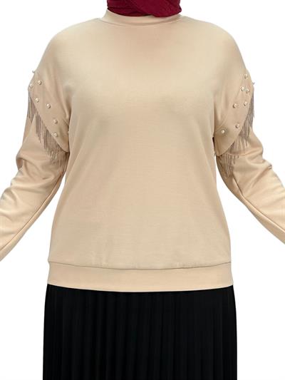 Orhan Store Kolları Boncuklu Bluz Bej OTW1248