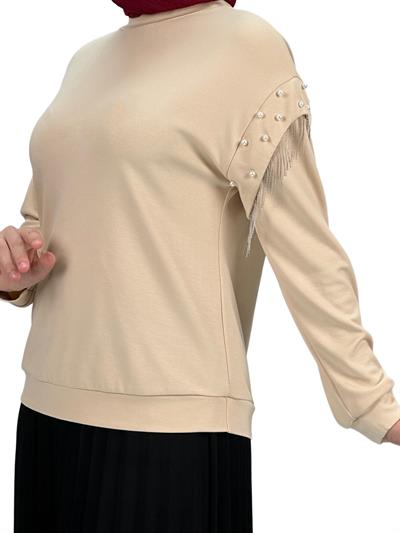 Orhan Store Kolları Boncuklu Bluz Bej OTW1248