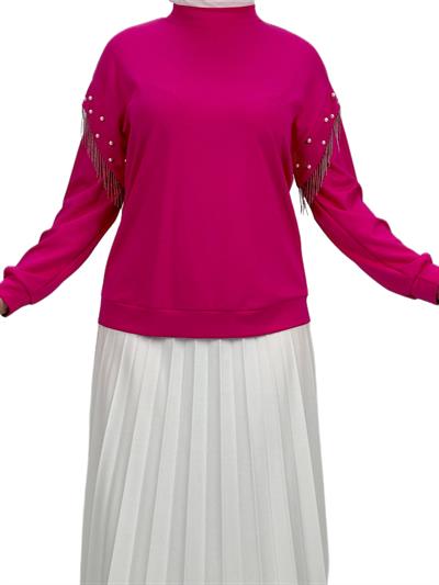 Orhan Store Kolları Boncuklu Bluz Fuşya OTW1248