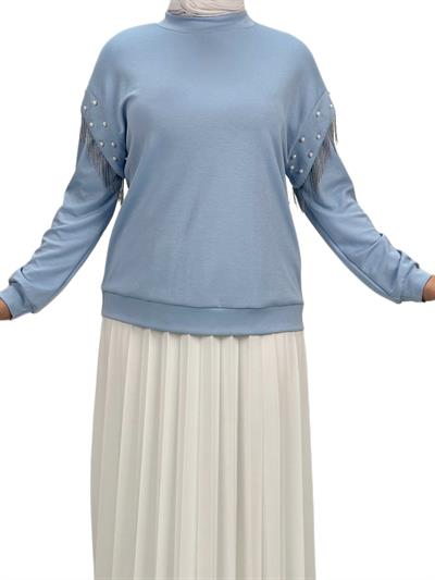 Orhan Store Kolları Boncuklu Bluz Mavi OTW1248