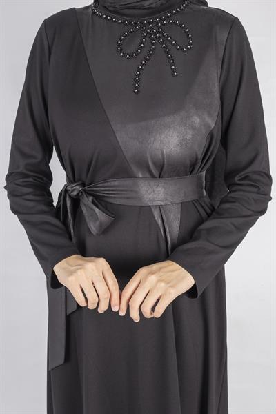 Orhan Store Kurdele Kuşak Ve Taş Detaylı Elbise Siyah OTW1741