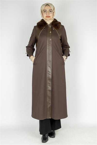 Orhan Store Kürk Yakalı Deri Detay Kap Kahve OTW1597