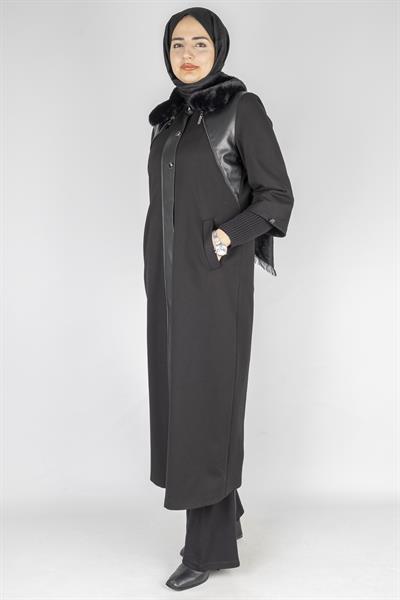 Orhan Store Kürk Yakalı Deri Detay Kap Siyah OTW1597