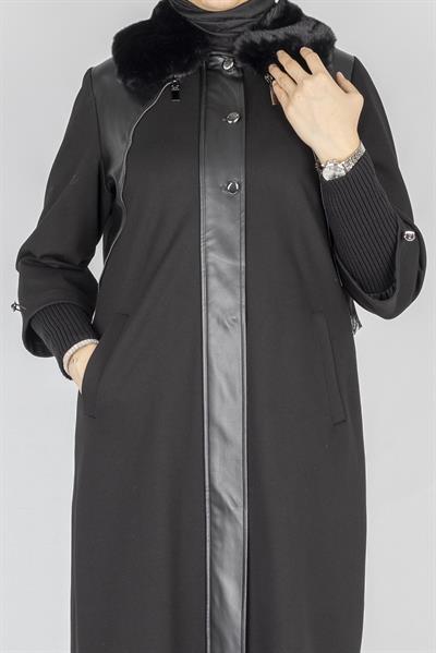 Orhan Store Kürk Yakalı Deri Detay Kap Siyah OTW1597