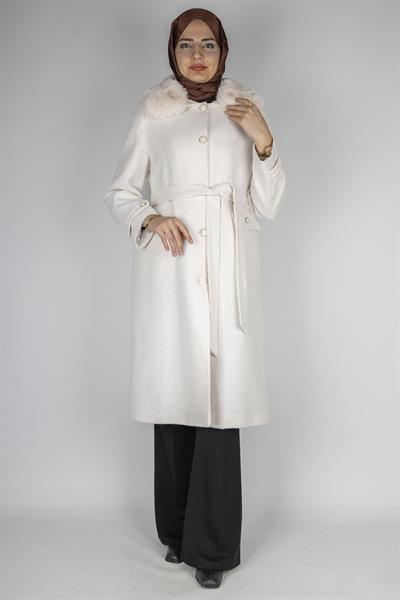 Orhan Store Kürk Yakalı Kuşaklı Kaban Ekru OTW1158