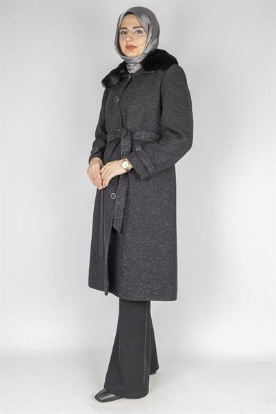 Orhan Store Kürk Yakalı Kuşaklı Kaban Siyah OTW1158