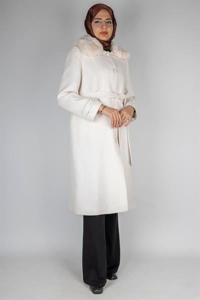 Orhan Store Kürk Yakalı Kuşaklı Kaban Ekru OTW1158