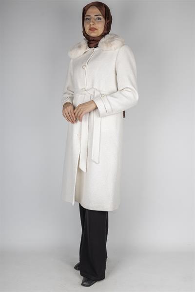 Orhan Store Kürk Yakalı Kuşaklı Kaban Ekru OTW1158