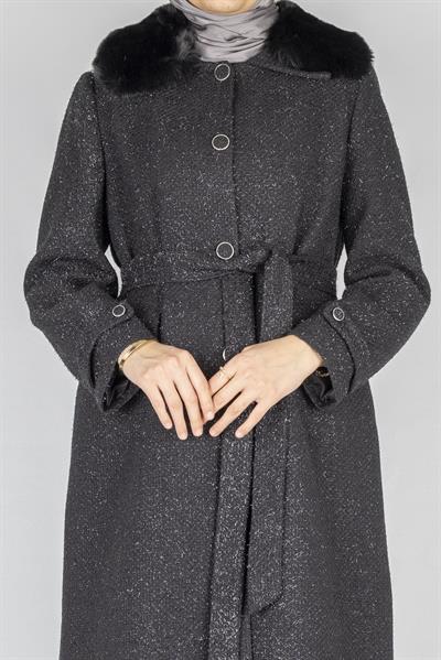 Orhan Store Kürk Yakalı Kuşaklı Kaban Siyah OTW1158