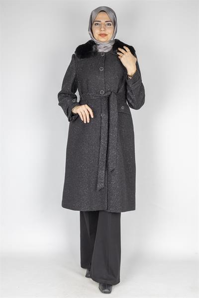 Orhan Store Kürk Yakalı Kuşaklı Kaban Siyah OTW1158