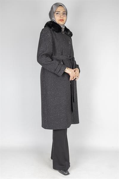 Orhan Store Kürk Yakalı Kuşaklı Kaban Siyah OTW1158