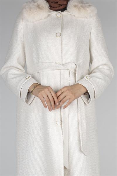 Orhan Store Kürk Yakalı Kuşaklı Kaban Ekru OTW1158