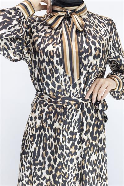 Orhan Store Leopar Desenli Elbise Kahve OTW1543