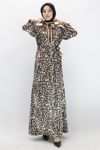 Orhan Store Leopar Desenli Elbise Kahve OTW1543