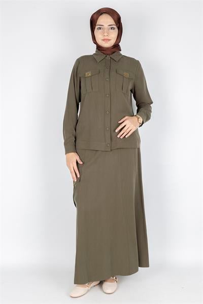Orhan Store Minimal Düğmeli Tesettür Etekli Takım Haki OTW2721