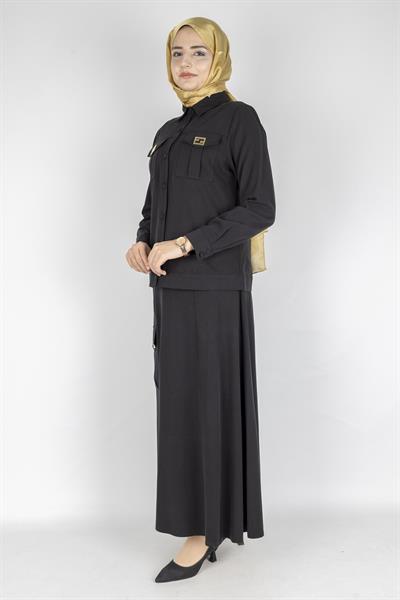 Orhan Store Minimal Düğmeli Tesettür Etekli Takım Siyah OTW2721