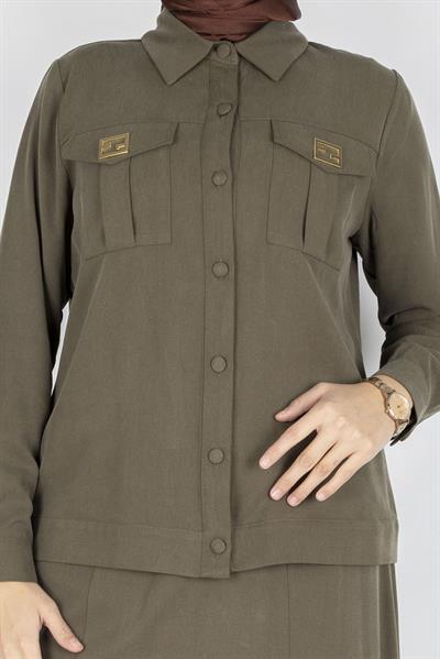 Orhan Store Minimal Düğmeli Tesettür Etekli Takım Haki OTW2721