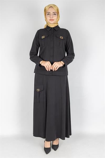 Orhan Store Minimal Düğmeli Tesettür Etekli Takım Siyah OTW2721