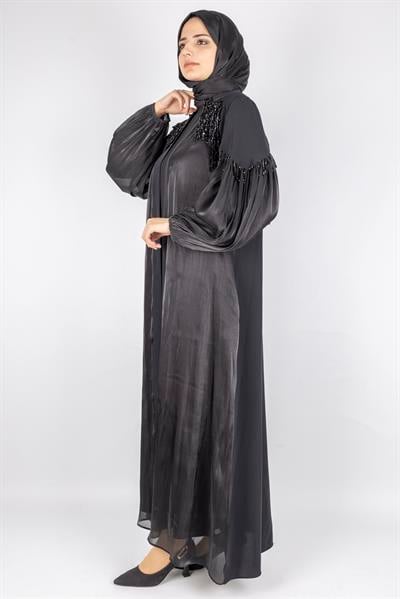 Orhan Store Omuz Detaylı Şifon Kollu Abaya Takım Siyah OTW2593