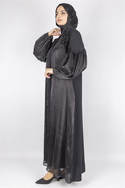 Orhan Store Omuz Detaylı Şifon Kollu Abaya Takım Siyah OTW2593