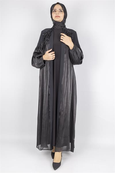 Orhan Store Omuz Detaylı Şifon Kollu Abaya Takım Siyah OTW2593