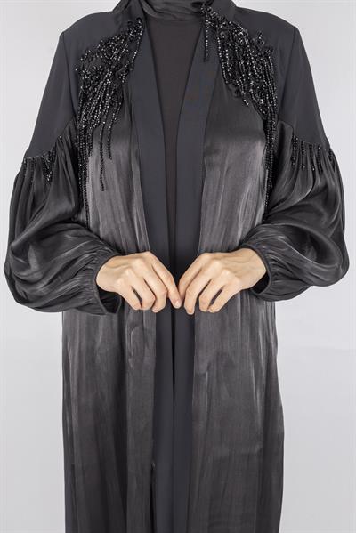 Orhan Store Omuz Detaylı Şifon Kollu Abaya Takım Siyah OTW2593