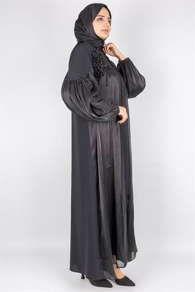Orhan Store Omuz Detaylı Şifon Kollu Abaya Takım Siyah OTW2593