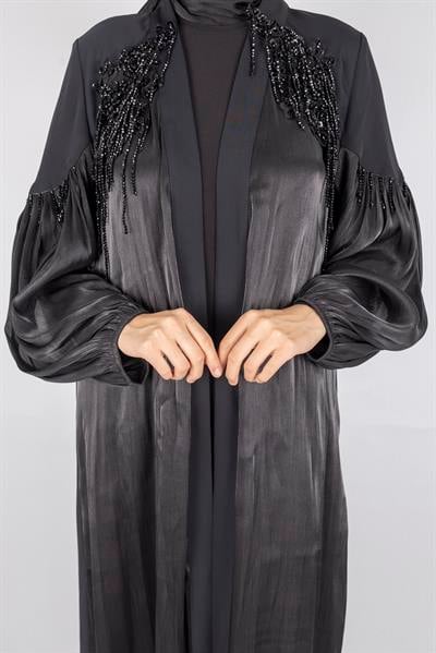 Orhan Store Omuz Detaylı Şifon Kollu Abaya Takım Siyah OTW2593