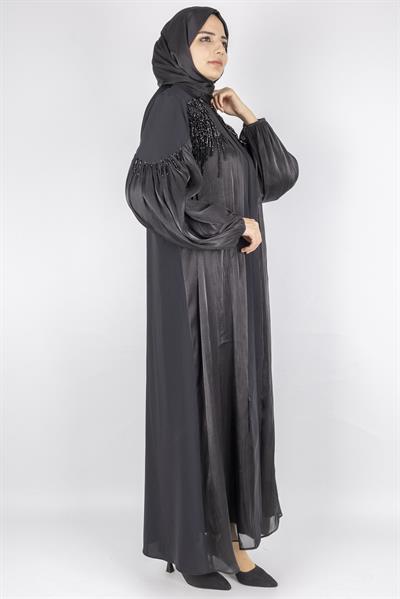 Orhan Store Omuz Detaylı Şifon Kollu Abaya Takım Siyah OTW2593