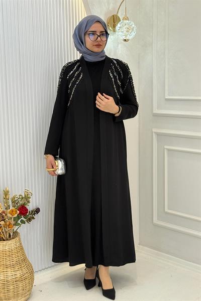 Orhan Store Omuz Taş İşlemeli Abaya Takım Siyah OTW2596