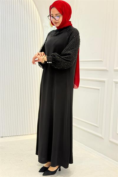 Orhan Store Payet Kol Detaylı Tesettür Elbise Siyah OTW1721
