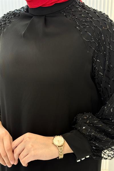 Orhan Store Payet Kol Detaylı Tesettür Elbise Siyah OTW1721