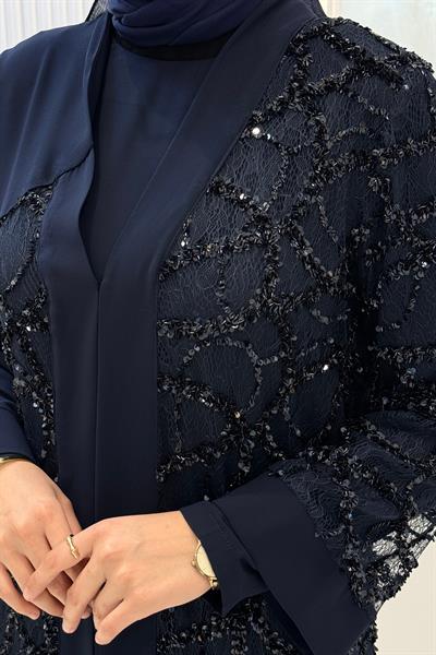 Orhan Store Payetli Dantel Detaylı Abaya Takım Lacivert OTW2891