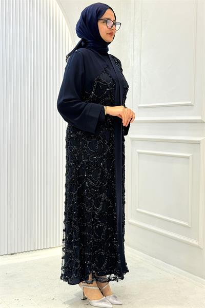 Orhan Store Payetli Dantel Detaylı Abaya Takım Lacivert OTW2891