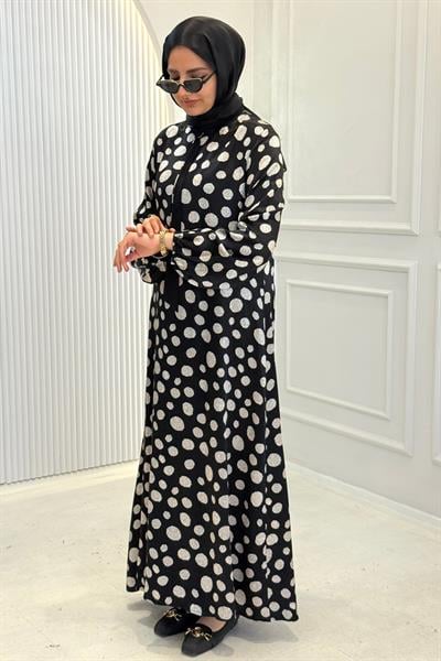 Orhan Store Puantiye Desenli Fular Yaka Uzun Elbise Siyah OTW1826
