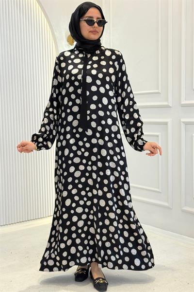 Orhan Store Puantiye Desenli Fular Yaka Uzun Elbise Siyah OTW1826