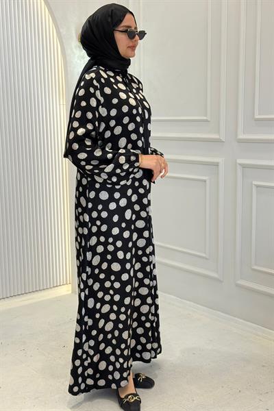 Orhan Store Puantiye Desenli Fular Yaka Uzun Elbise Siyah OTW1826