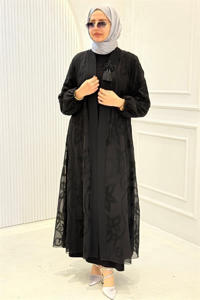Orhan Store Püskül Aksesuarlı Şifon Abaya Siyah OTW1118