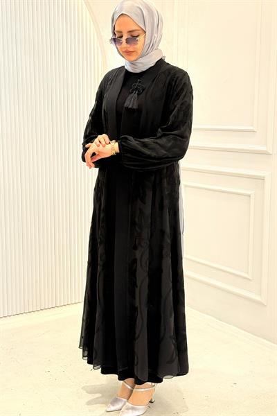 Orhan Store Püskül Aksesuarlı Şifon Abaya Siyah OTW1118