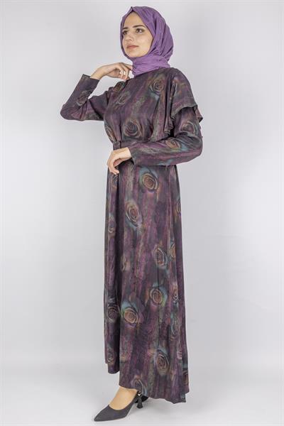 Orhan Store Qupra Kumaş Gül Desenli Kemer Detaylı Uzun Elbise Mor OTW1752